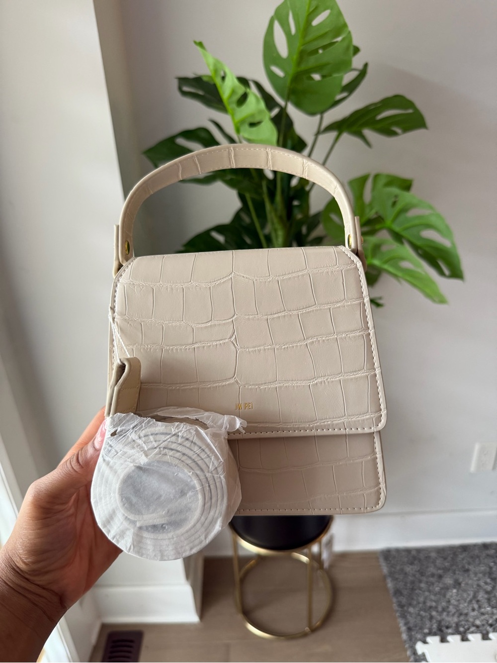 JW PEI Croc-Embossed Mini Top Handle Bag in Cream
